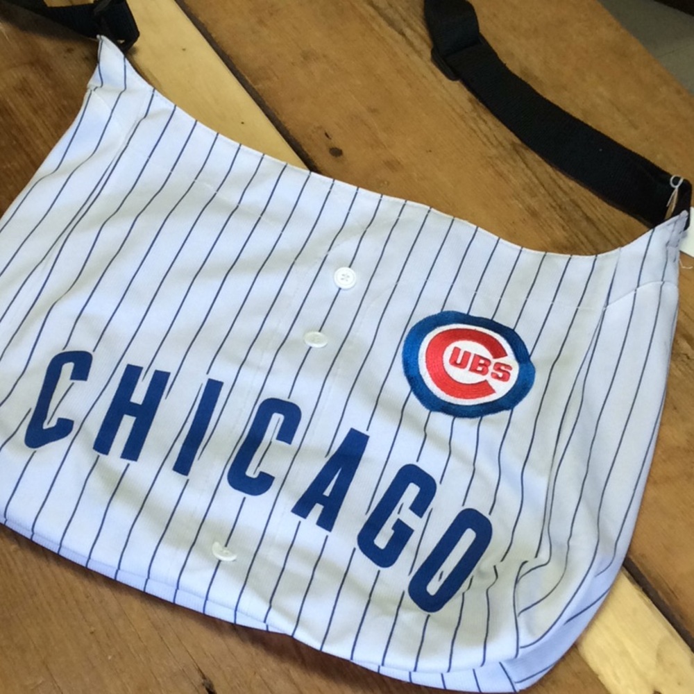 MLB Chicago Cubs White Pinstripe Hobo Bag with Blue and Red Logo